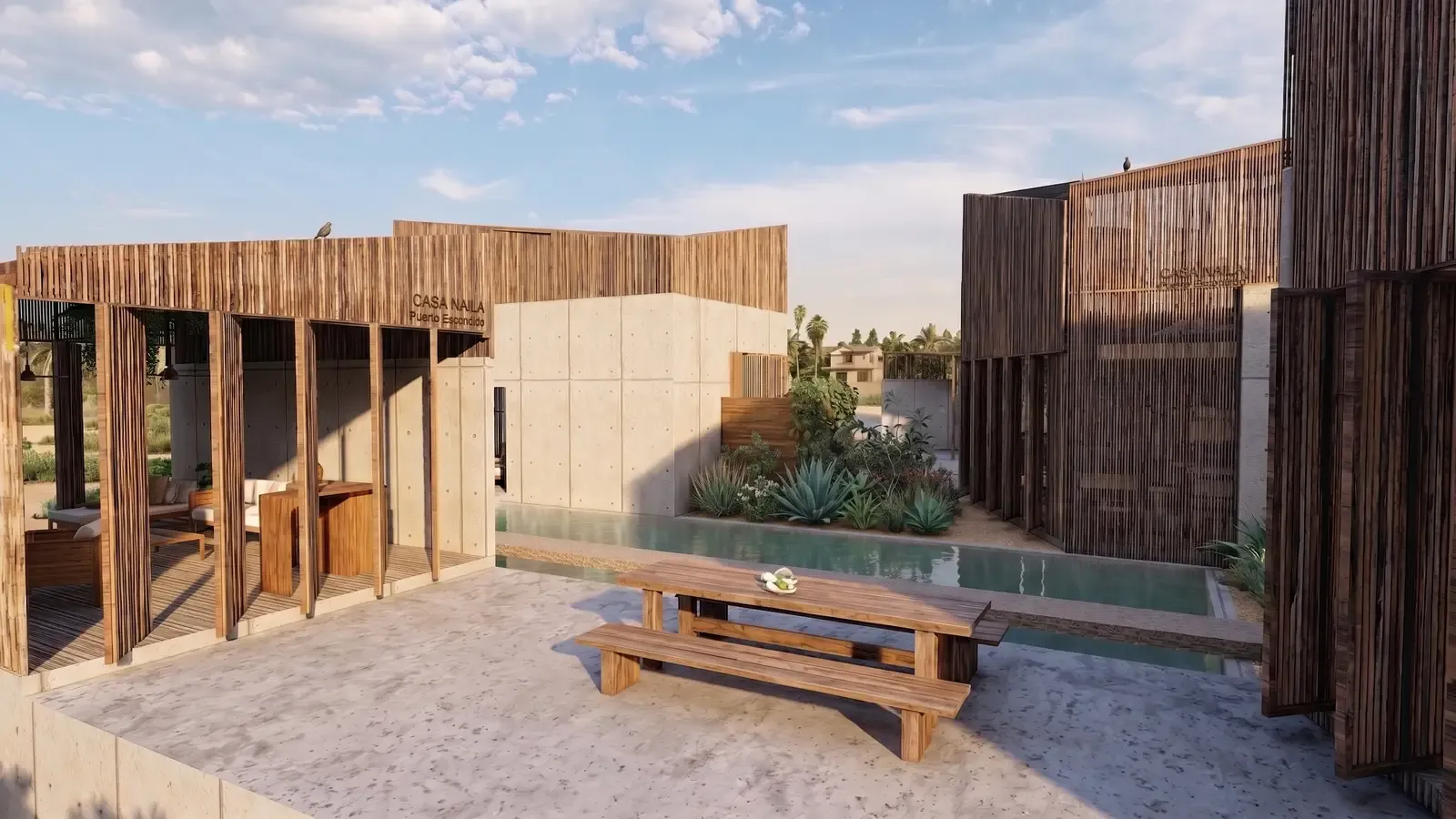 Concrete and wood courtyard at Casa Naila