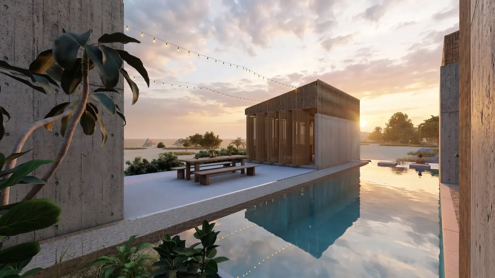 Casa Naila and its pool facing the Pacific at sunset