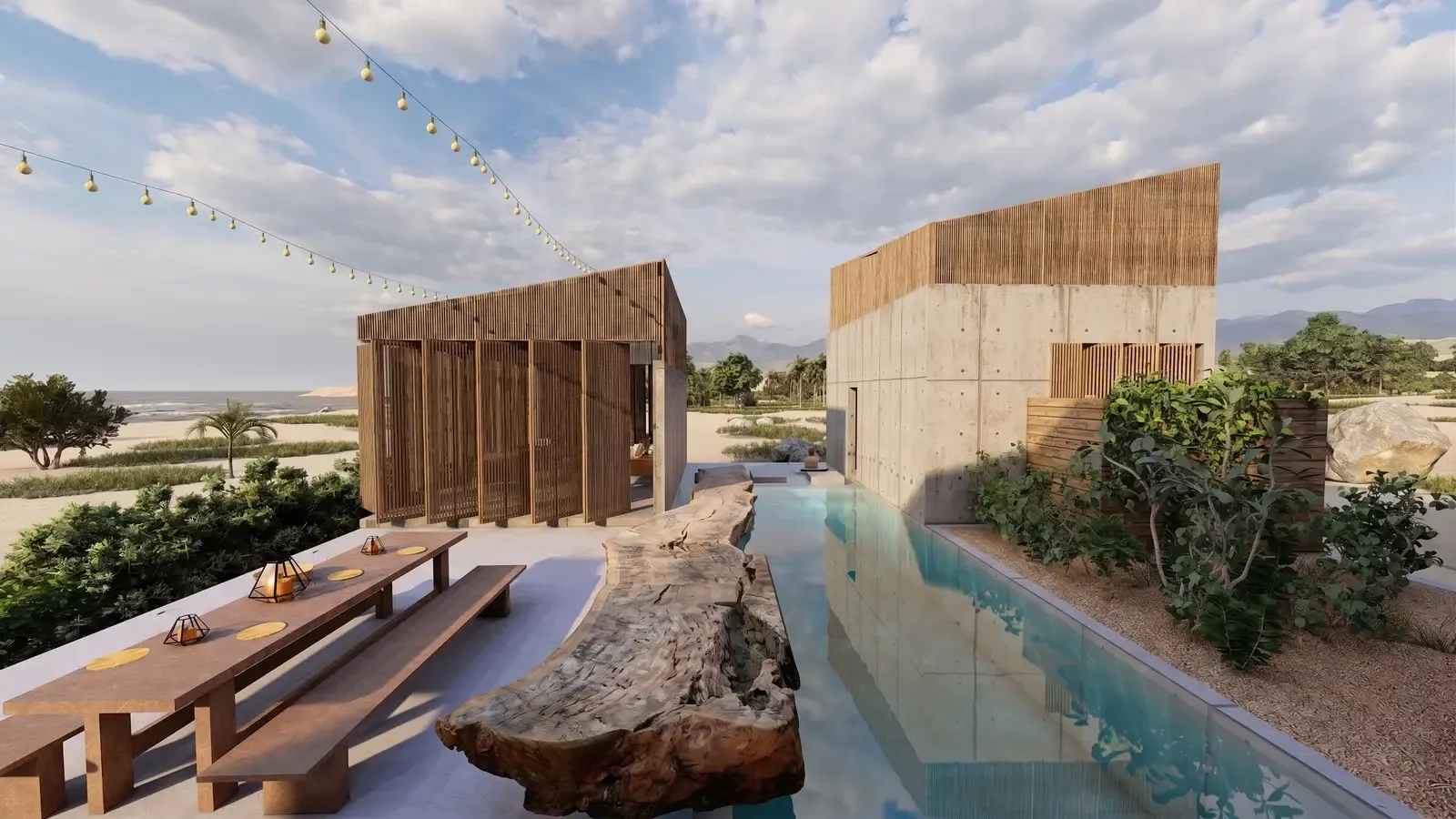 Casa Naila's long pool in front of its pavilions