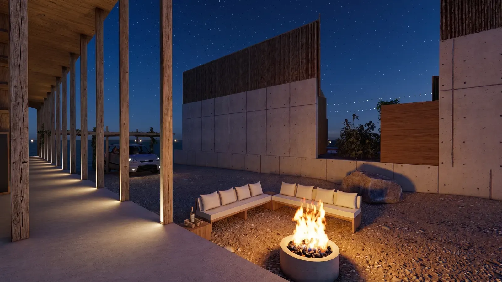 Outdoor fire area with seating under the stars
