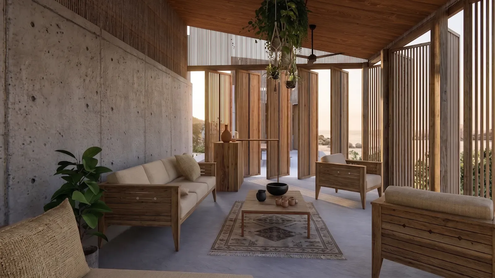 Living room with wooden furniture and folding screens opening toward the ocean