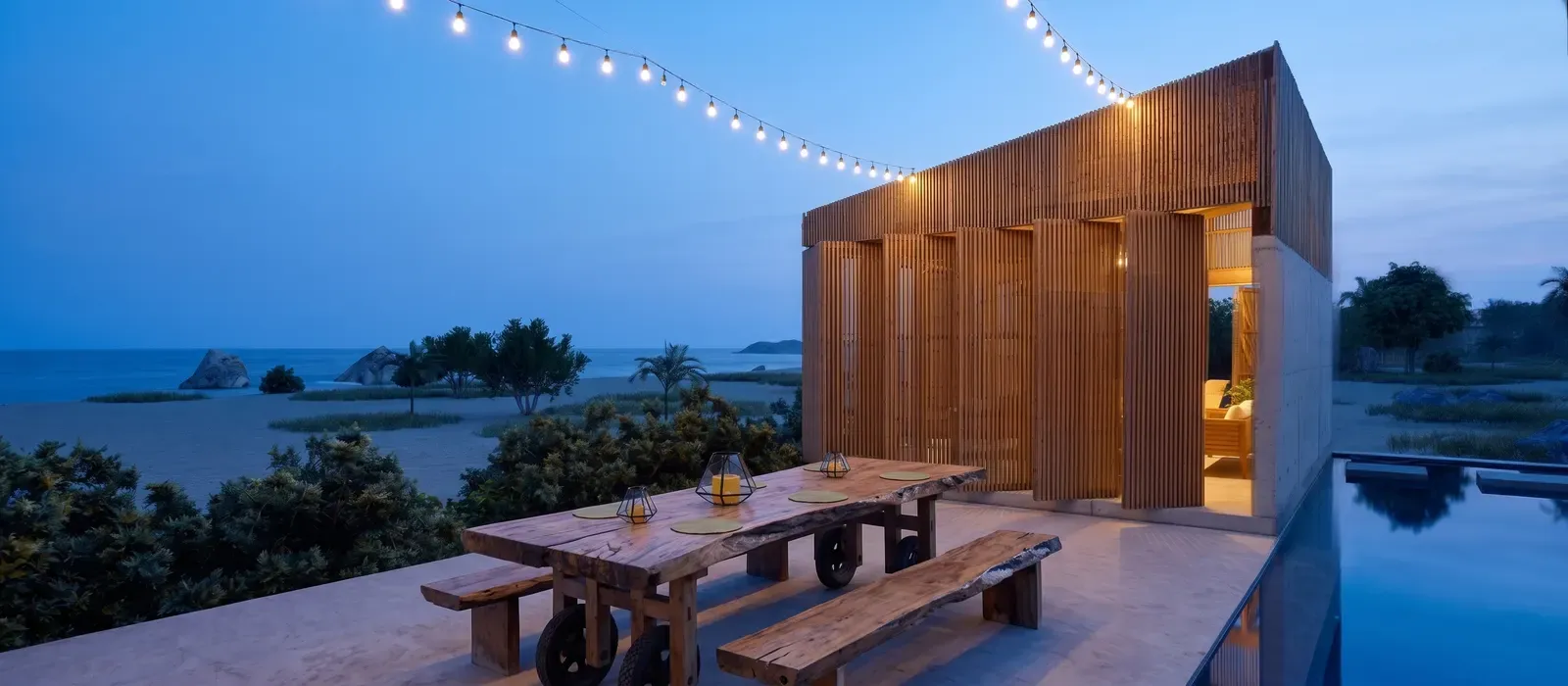 Outdoor wooden table facing the ocean