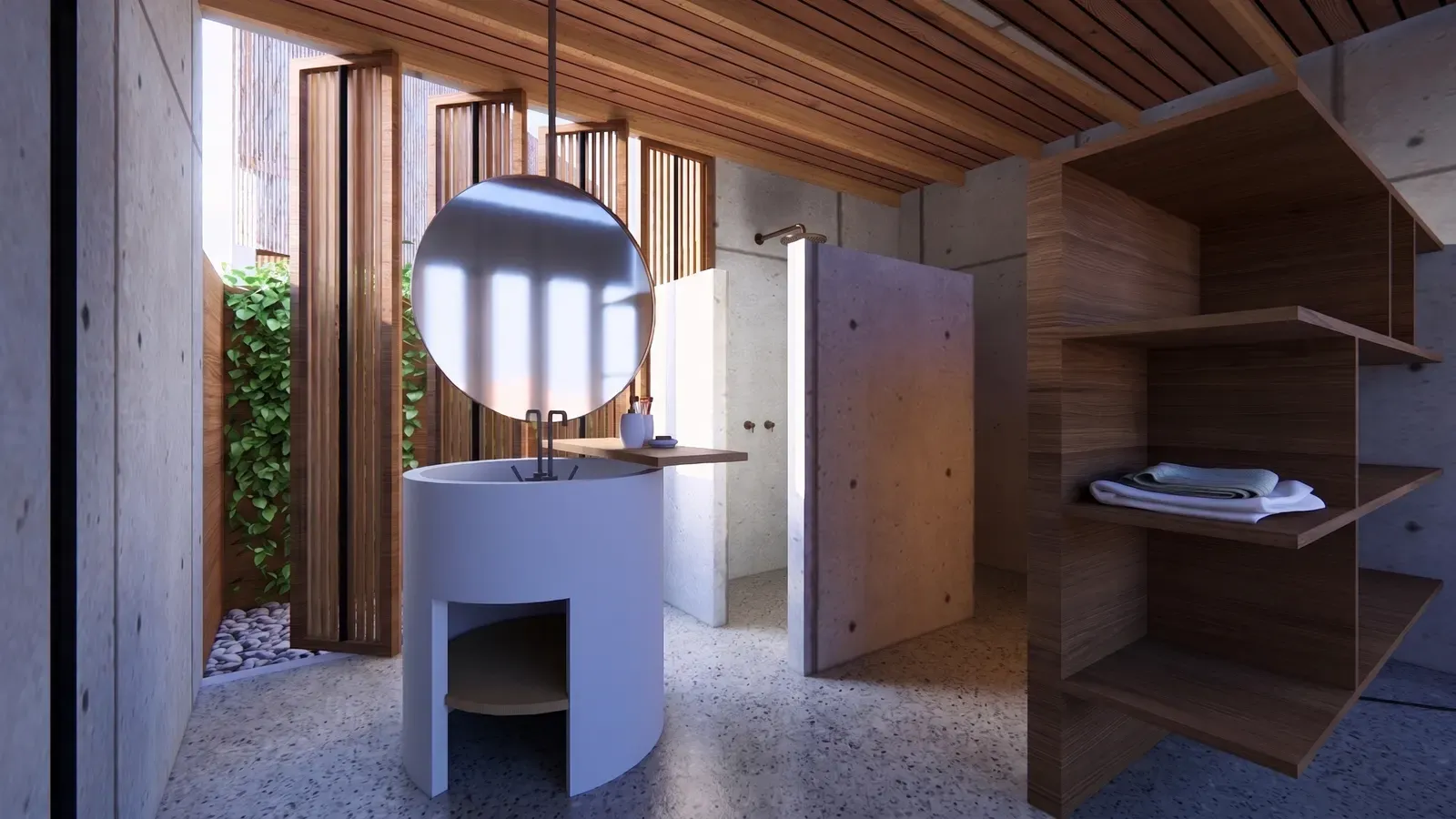 Casa Naila bathroom with a round mirror, concrete basin and wooden stairs