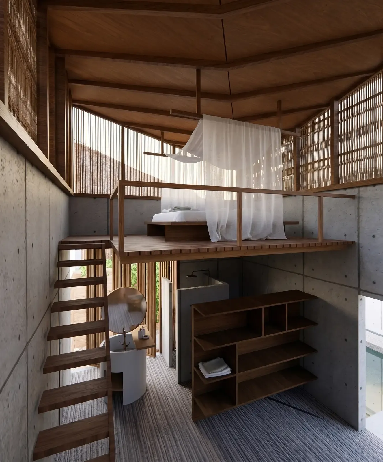 Double-height bedroom with wooden screens