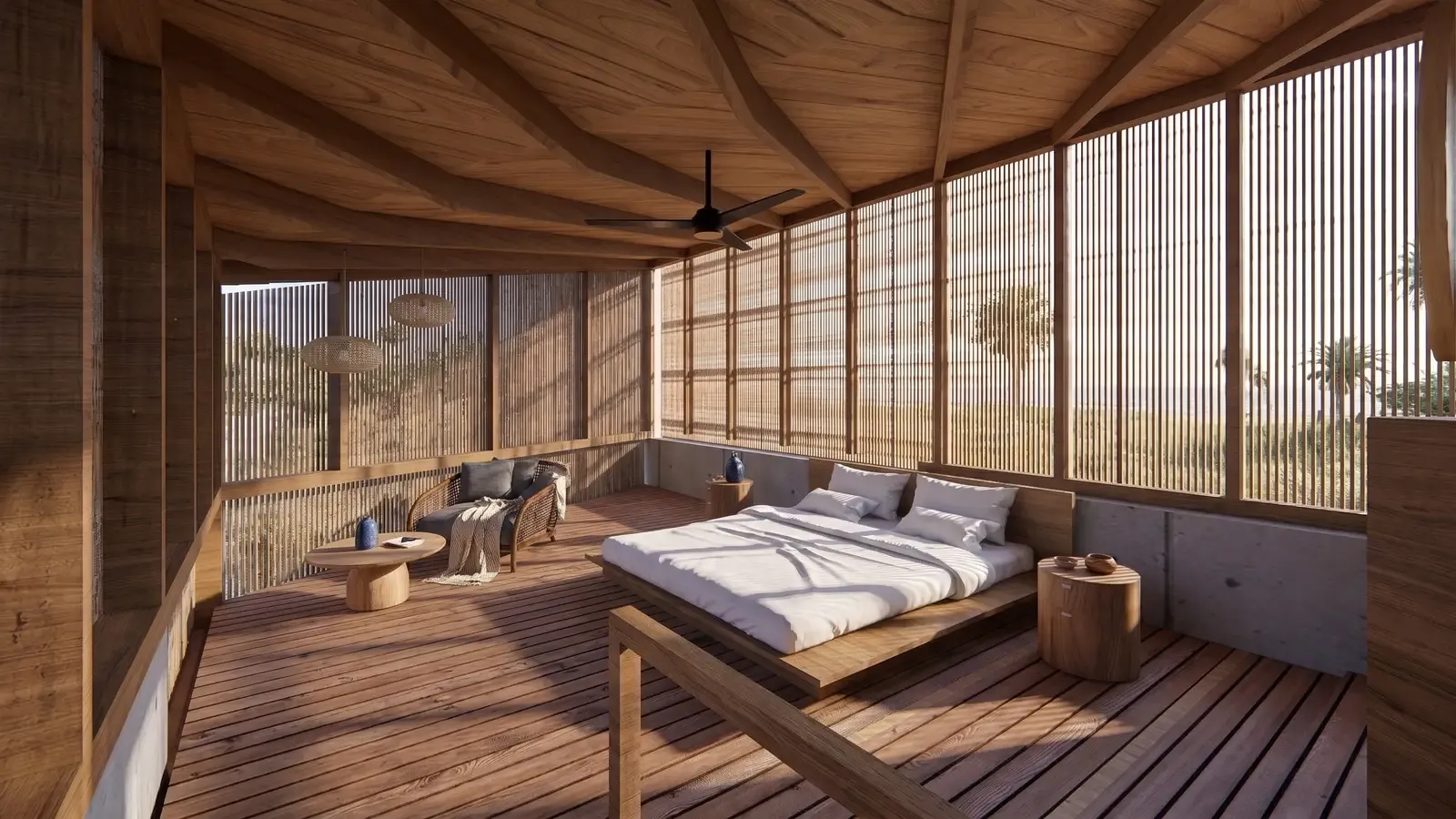 Bedroom with a wooden bed and filtered sunlight through screens
