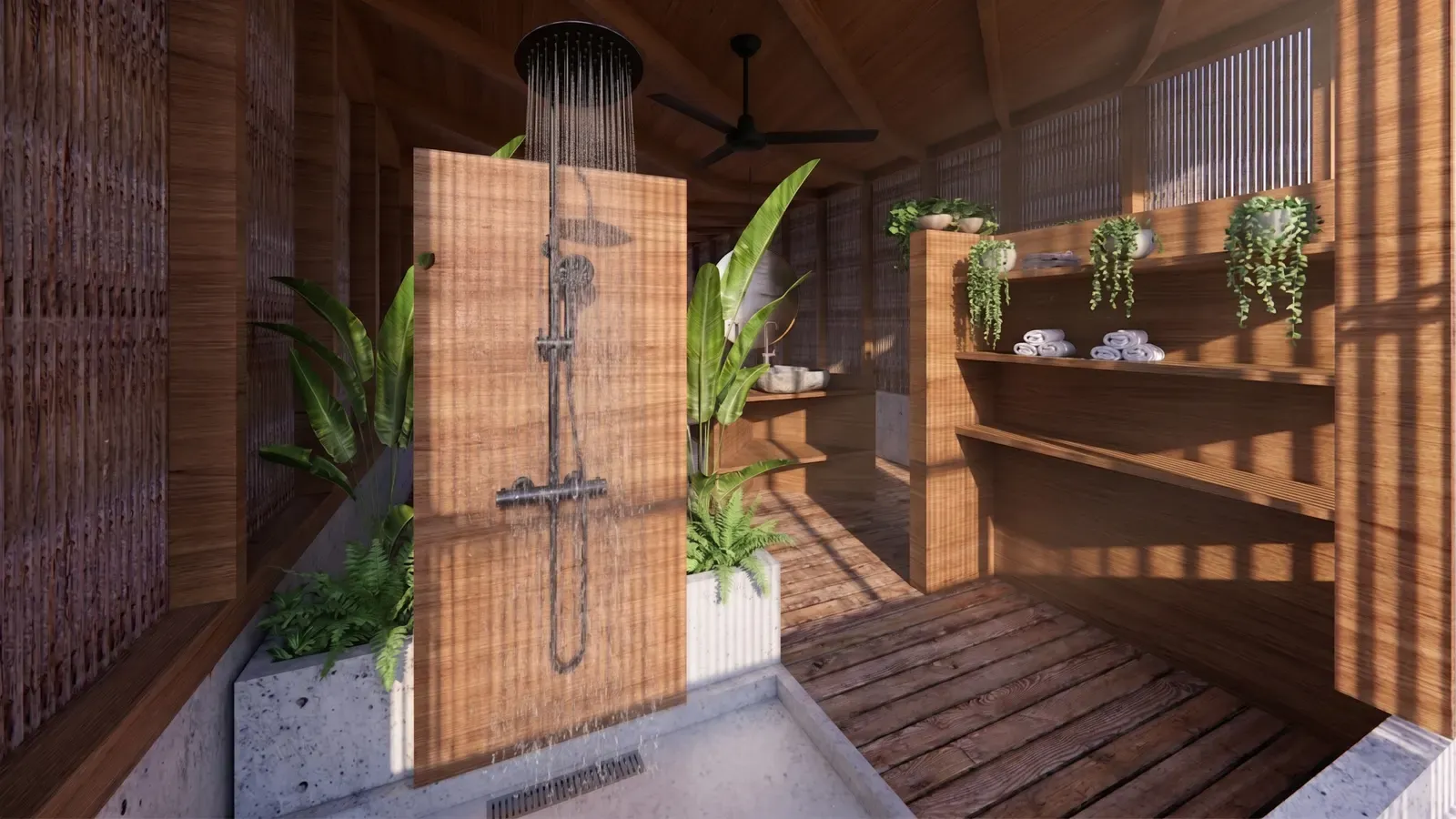 Shower surrounded by tropical plants and wooden screens