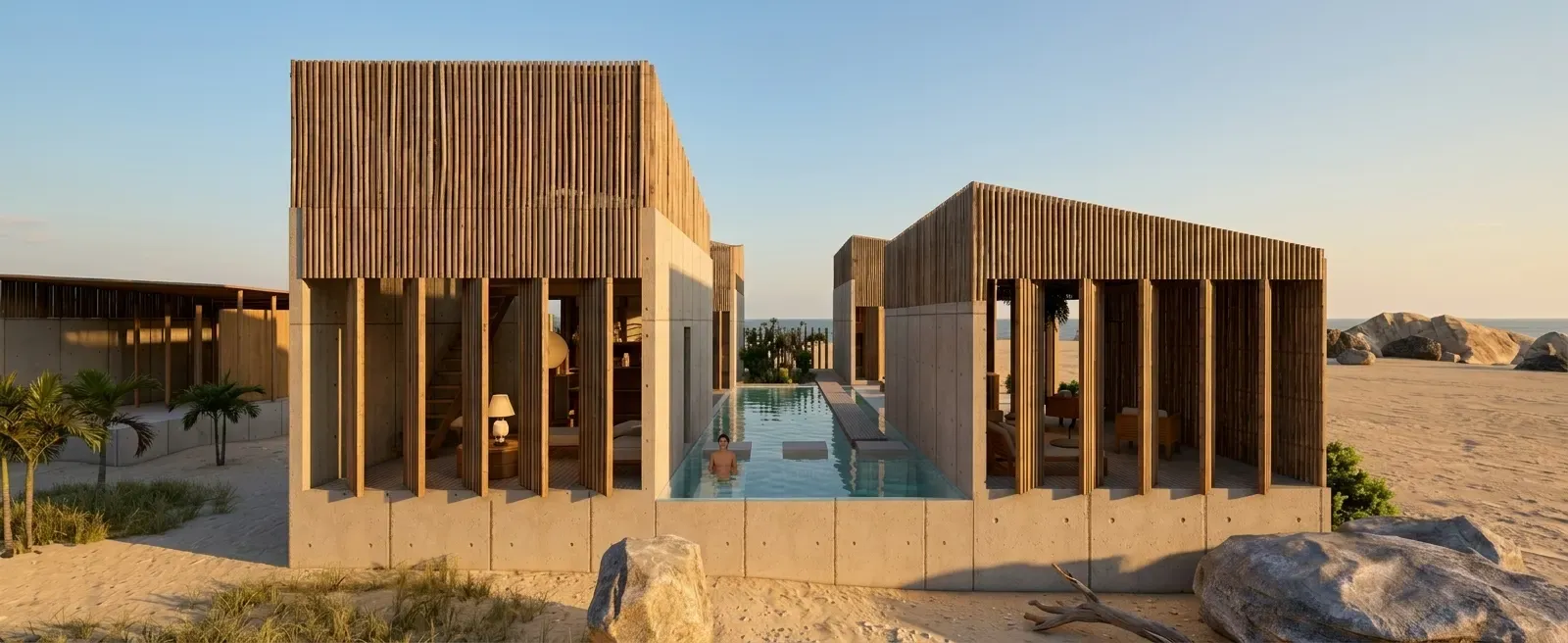 Casa Naila pavilions and pool among rocks and sand facing the ocean