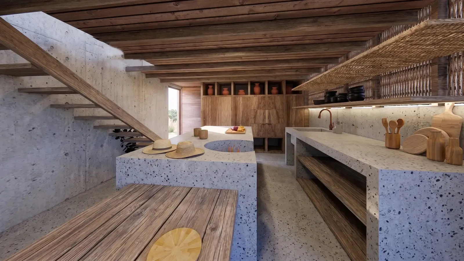 Concrete kitchen island, wooden shelves and stairs at Casa Naila