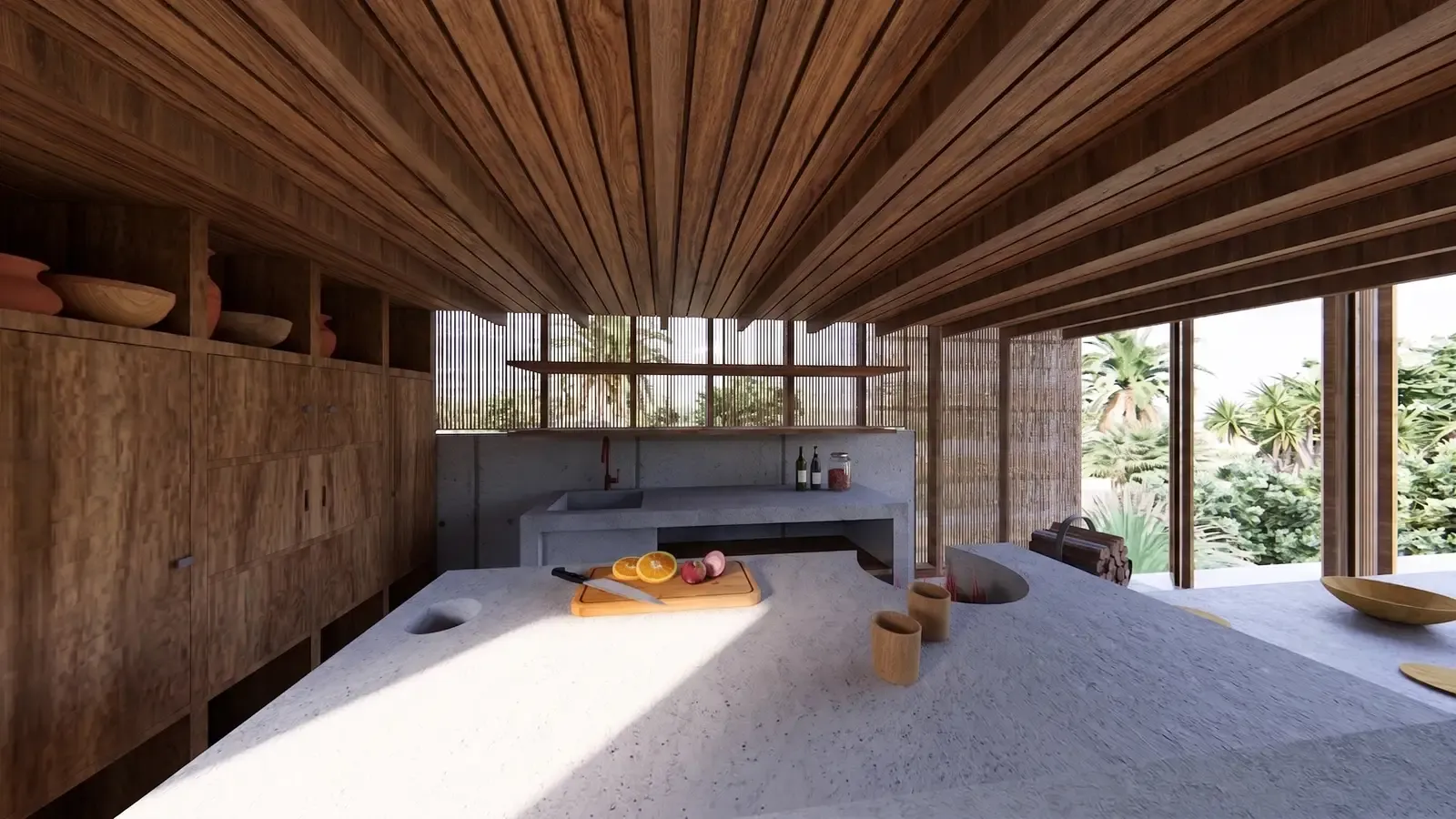 Casa Naila kitchen with a concrete island and wooden screens